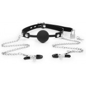 Черный кляп-шарик с зажимами на соски на металлической цепочке - Notabu - купить с доставкой в Рязани