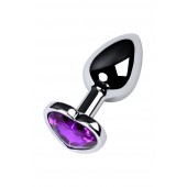 Серебристая коническая анальная пробка с фиолетовым кристаллом-сердечком - 7 см. - ToyFa - купить с доставкой в Рязани