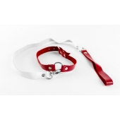 Бело-красный чокер из натуральной кожи с поводком - БДСМ Арсенал - купить с доставкой в Рязани