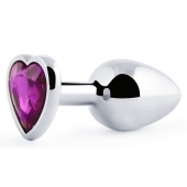 Серебристая анальная пробка с фиолетовым кристаллом-сердечком - 8 см. - Anal Jewelry Plug - купить с доставкой в Рязани