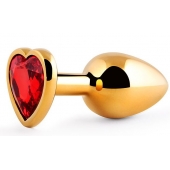 Золотистая анальная пробка с красным стразом-сердечком - 8 см. - Anal Jewelry Plug - купить с доставкой в Рязани