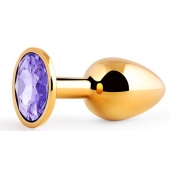 Золотистая анальная пробка с фиолетовым стразом - 7,2 см. - Anal Jewelry Plug - купить с доставкой в Рязани