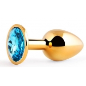 Золотистая анальная пробка с голубым стразом - 7,2 см. - Anal Jewelry Plug - купить с доставкой в Рязани