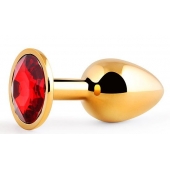 Золотистая анальная пробка с красным стразом - 7,2 см. - Anal Jewelry Plug - купить с доставкой в Рязани