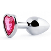 Серебристая анальная пробка с розовым кристаллом-сердечком - 7 см. - Anal Jewelry Plug - купить с доставкой в Рязани