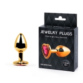 Золотистая анальная пробка с малиновым кристаллом-сердечком - 7 см. - Anal Jewelry Plug - купить с доставкой в Рязани