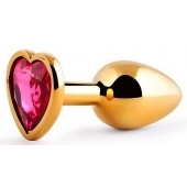 Золотистая анальная пробка с малиновым кристаллом-сердечком - 7 см. - Anal Jewelry Plug - купить с доставкой в Рязани
