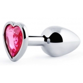 Серебристая анальная пробка с малиновым кристаллом-сердечком - 7 см. - Anal Jewelry Plug - купить с доставкой в Рязани