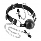 Жесткий шар-кляп с зажимами для сосков - Fetish Tentation - купить с доставкой в Рязани