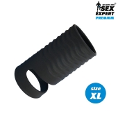 Черная открытая насадка на пенис с кольцом для мошонки XL-size - 8,9 см. - Sex Expert - в Рязани купить с доставкой