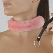 Розовый меховой ошейник с кожаным поводком - Sitabella - купить с доставкой в Рязани