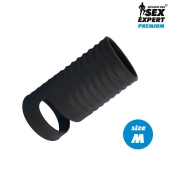 Черная открытая насадка на пенис с кольцом для мошонки size M - 7,9 см. - Sex Expert - в Рязани купить с доставкой