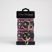 Черные кожаные наручники с розовой строчкой - Crazy Handmade - купить с доставкой в Рязани