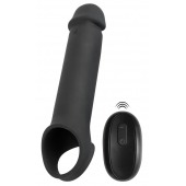 Черная вибронасадка для пениса с хомутом для мошонки и пультом ДУ Remote Controlled Penis Extension - Orion - в Рязани купить с доставкой