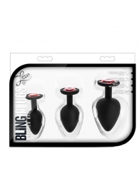 Набор черных анальных пробок с красным кристаллом-сердечком Bling Plugs Training Kit - Blush Novelties - купить с доставкой в Рязани