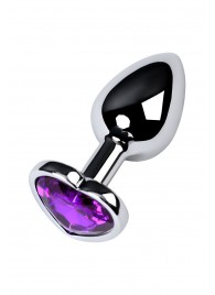 Серебристая коническая анальная пробка с фиолетовым кристаллом-сердечком - 7 см. - ToyFa - купить с доставкой в Рязани