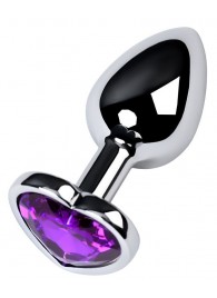 Серебристая коническая анальная пробка с фиолетовым кристаллом-сердечком - 7 см. - ToyFa - купить с доставкой в Рязани