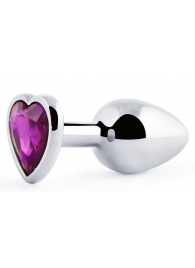 Серебристая анальная пробка с фиолетовым кристаллом-сердечком - 8 см. - Anal Jewelry Plug - купить с доставкой в Рязани