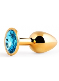 Золотистая анальная пробка с голубым стразом - 7,2 см. - Anal Jewelry Plug - купить с доставкой в Рязани