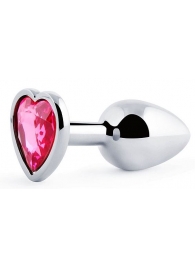 Серебристая анальная пробка с розовым кристаллом-сердечком - 7 см. - Anal Jewelry Plug - купить с доставкой в Рязани