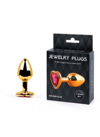 Золотистая анальная пробка с малиновым кристаллом-сердечком - 7 см. - Anal Jewelry Plug - купить с доставкой в Рязани