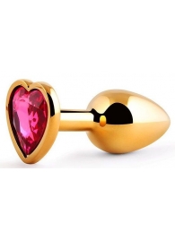 Золотистая анальная пробка с малиновым кристаллом-сердечком - 7 см. - Anal Jewelry Plug - купить с доставкой в Рязани