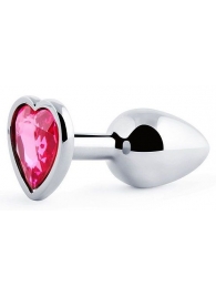 Серебристая анальная пробка с малиновым кристаллом-сердечком - 7 см. - Anal Jewelry Plug - купить с доставкой в Рязани