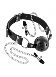 Жесткий шар-кляп с зажимами для сосков - Fetish Tentation - купить с доставкой в Рязани