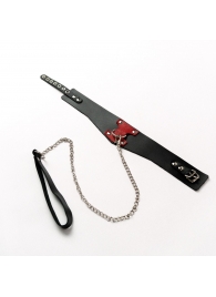 Черный широкий ошейник с красным декором и поводком - Crazy Handmade - купить с доставкой в Рязани