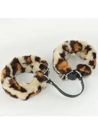 Черные кожаные оковы со съемной леопардовой опушкой - Sitabella - купить с доставкой в Рязани