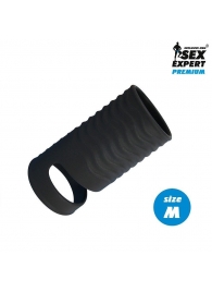 Черная открытая насадка на пенис с кольцом для мошонки size M - 7,9 см. - Sex Expert - в Рязани купить с доставкой