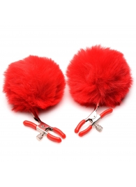 Красные зажимы на соски с помпонами Pom Pom - XR Brands - купить с доставкой в Рязани