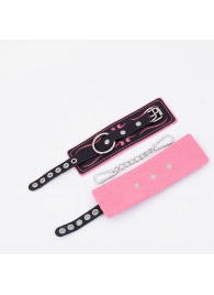 Черно-розовые кожаные наручники с розовой строчкой - Crazy Handmade - купить с доставкой в Рязани