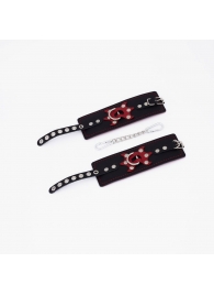 Черные кожаные наручники с красным декором и строчкой - Crazy Handmade - купить с доставкой в Рязани