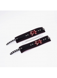 Черные кожаные оковы с красным декором и строчкой - Crazy Handmade - купить с доставкой в Рязани