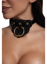 Черный фигурный кожаный ошейник с золотистой фурнитурой - Crazy Handmade - купить с доставкой в Рязани