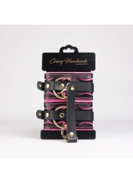 Черные кожаные оковы с розовой строчкой - Crazy Handmade - купить с доставкой в Рязани