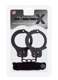 Чёрные наручники из листового металла в комплекте с веревкой BONDX METAL CUFFS LOVE ROPE SET - Dream Toys - купить с доставкой в Рязани