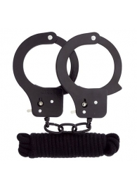 Чёрные наручники из листового металла в комплекте с веревкой BONDX METAL CUFFS LOVE ROPE SET - Dream Toys - купить с доставкой в Рязани