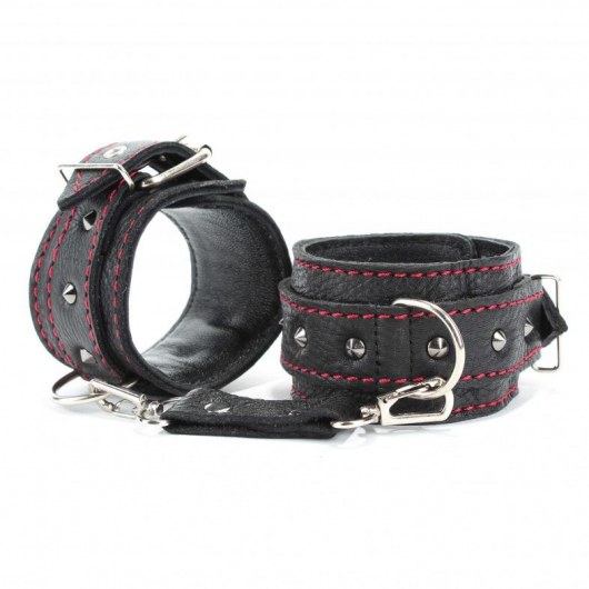 Черные наручники из натуральной кожи на карабинах - БДСМ Арсенал - купить с доставкой в Рязани