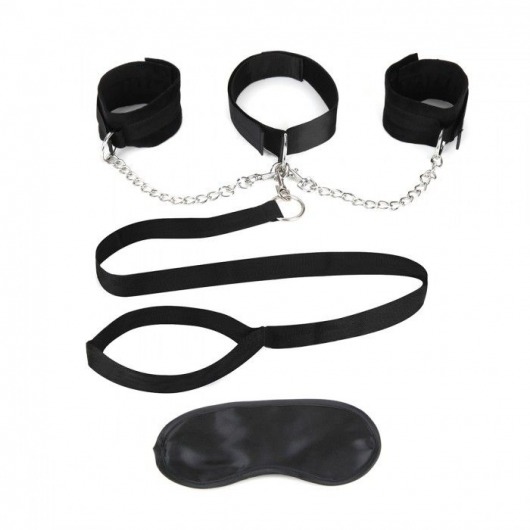 Чёрный ошейник с наручниками и поводком Collar Cuffs   Leash Set - Lux Fetish - купить с доставкой в Рязани