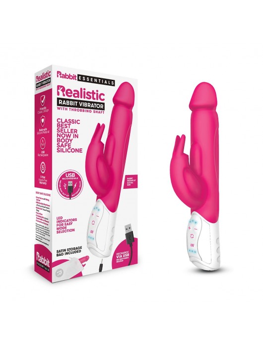 Розовый перезаряжаемый вибратор с клиторальным стимулятором - 25 см. - Rabbit Essentials