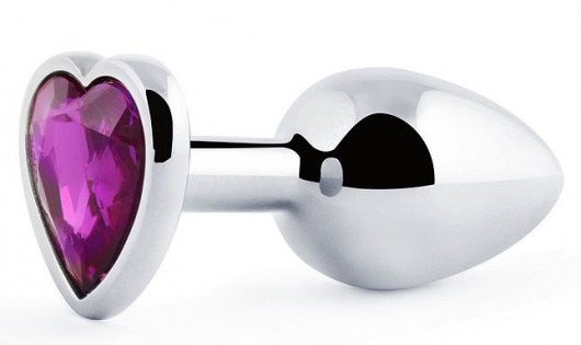 Серебристая анальная пробка с фиолетовым кристаллом-сердечком - 8 см. - Anal Jewelry Plug - купить с доставкой в Рязани