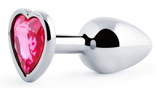 Серебристая анальная пробка с розовым кристаллом-сердечком - 7 см. - Anal Jewelry Plug - купить с доставкой в Рязани