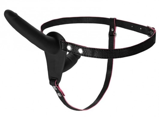 Черный страпон на ремнях с вагинальной пробкой - 15 см. - ToyFa - купить с доставкой в Рязани