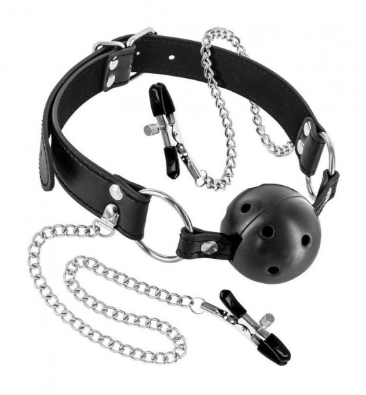 Жесткий шар-кляп с зажимами для сосков - Fetish Tentation - купить с доставкой в Рязани