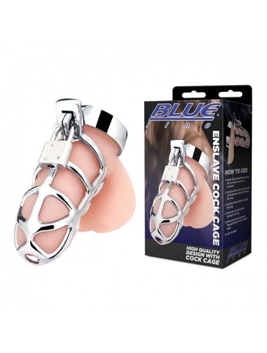 Серебристая металлическая клетка для члена с замком Enslave Cock Cage - BlueLine - купить с доставкой в Рязани