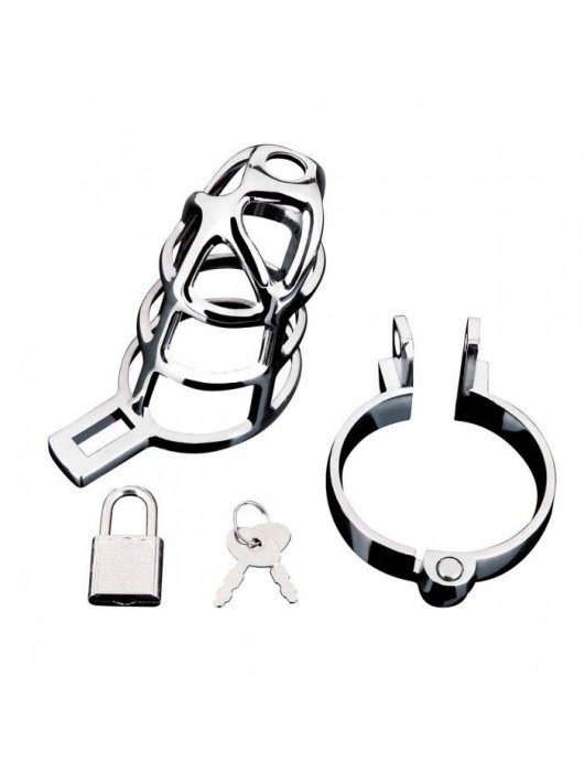 Серебристая металлическая клетка для члена с замком Enslave Cock Cage - BlueLine - купить с доставкой в Рязани