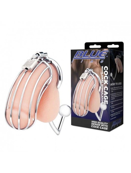 Серебристая металлическая клетка с анальным стимулятором Cock Cage - BlueLine - купить с доставкой в Рязани