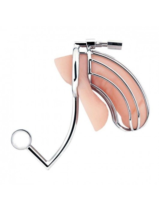 Серебристая металлическая клетка с анальным стимулятором Cock Cage - BlueLine - купить с доставкой в Рязани